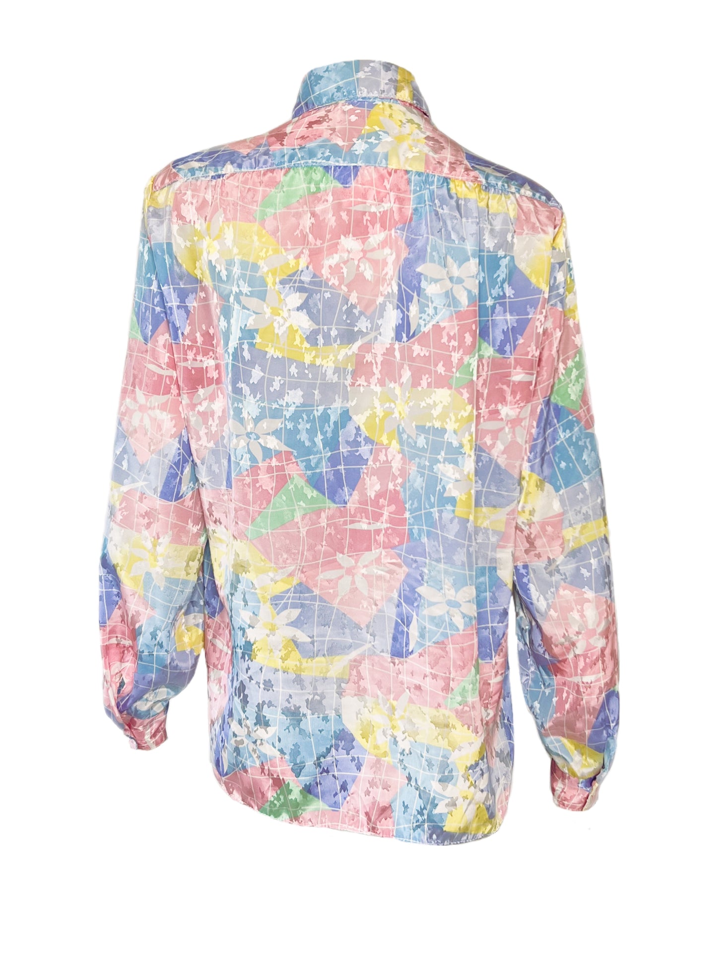 80’s Pastel Multicolor Floral and Gridline Print Blouse