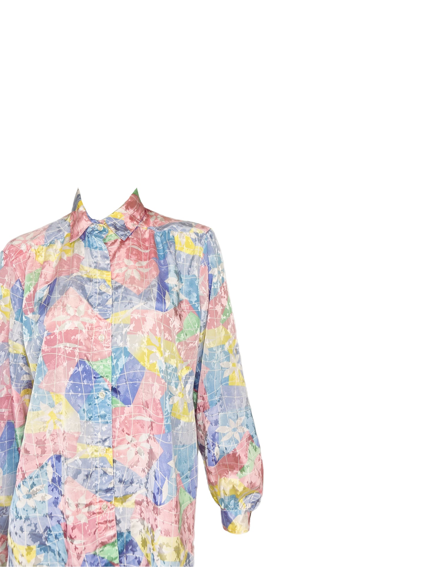 80’s Pastel Multicolor Floral and Gridline Print Blouse