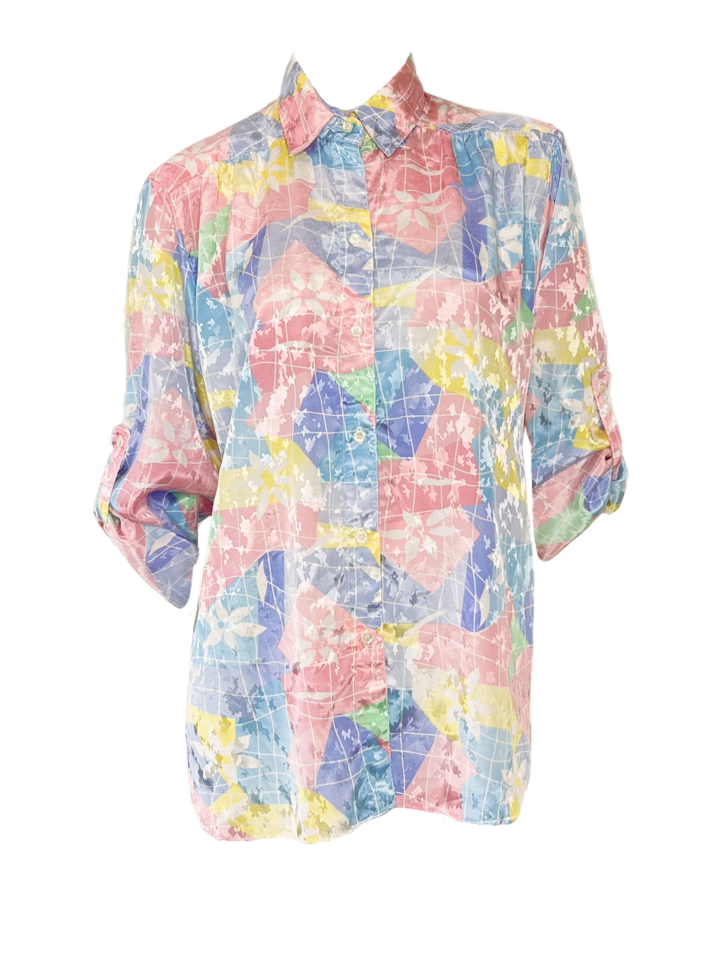 80’s Pastel Multicolor Floral and Gridline Print Blouse