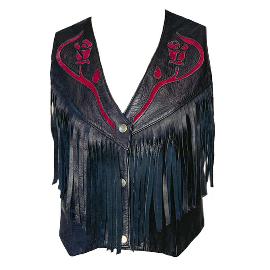 80’s Rose Print Fringe Leather Vest