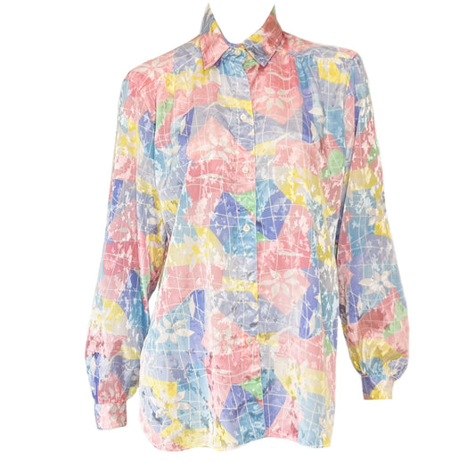 80’s Pastel Multicolor Floral and Gridline Print Blouse