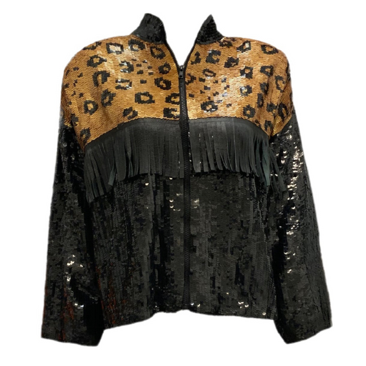 Leopard Sequin Fringe Bomber Jacket By Maple